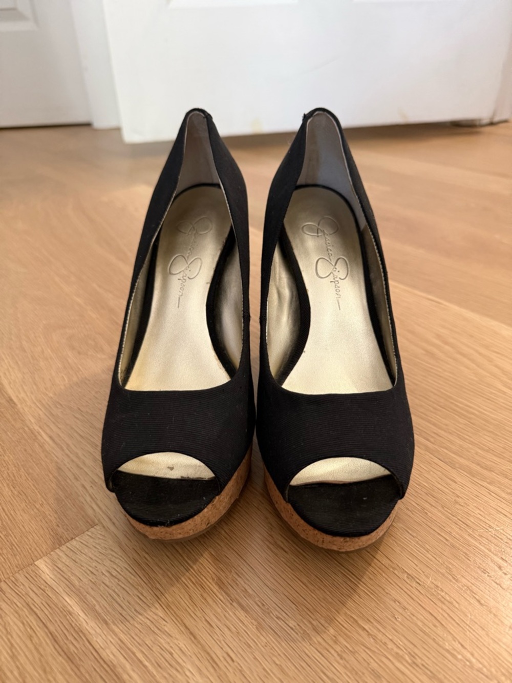 Jessica Simpson Black Peep-Toe Cork Platform Wedges